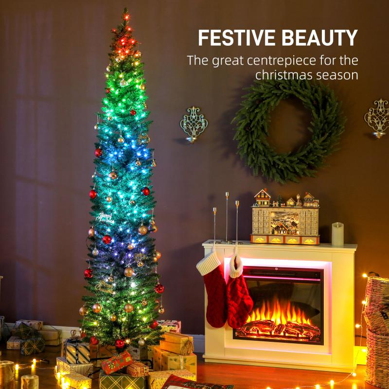 7.5ft Christmas Tree with Colourful DIY Synchronized LEDs, Hinged Pencil Xmas Tree with Remote, Daily Timer, Green