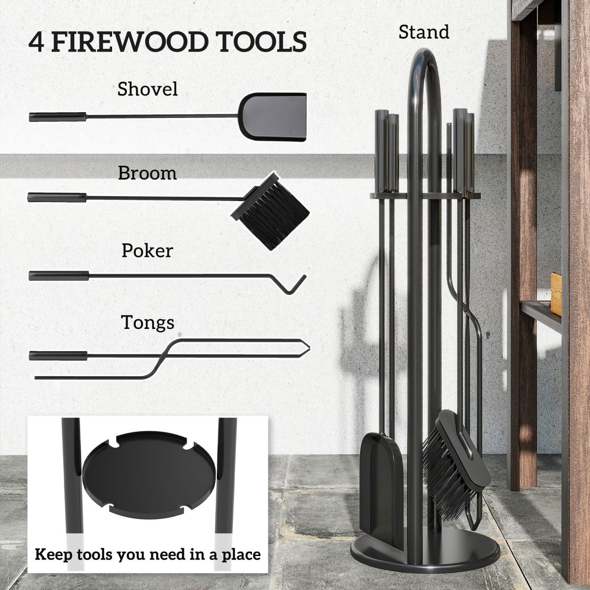 Fireplace Tools Set, 5 Pieces Fireside Accessories with Brush, Shovel, Poker, A Pair of Tongs, Stand, Black