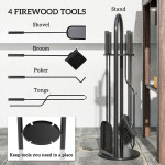 Fireplace Tools Set, 5 Pieces Fireside Accessories with Brush, Shovel, Poker, A Pair of Tongs, Stand, Black