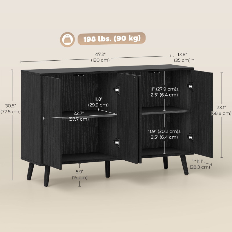 Buffet Cabinet with Storage, Modern Fluted Sideboard with Adjustable Shelves for Dining Room Living Room, Black