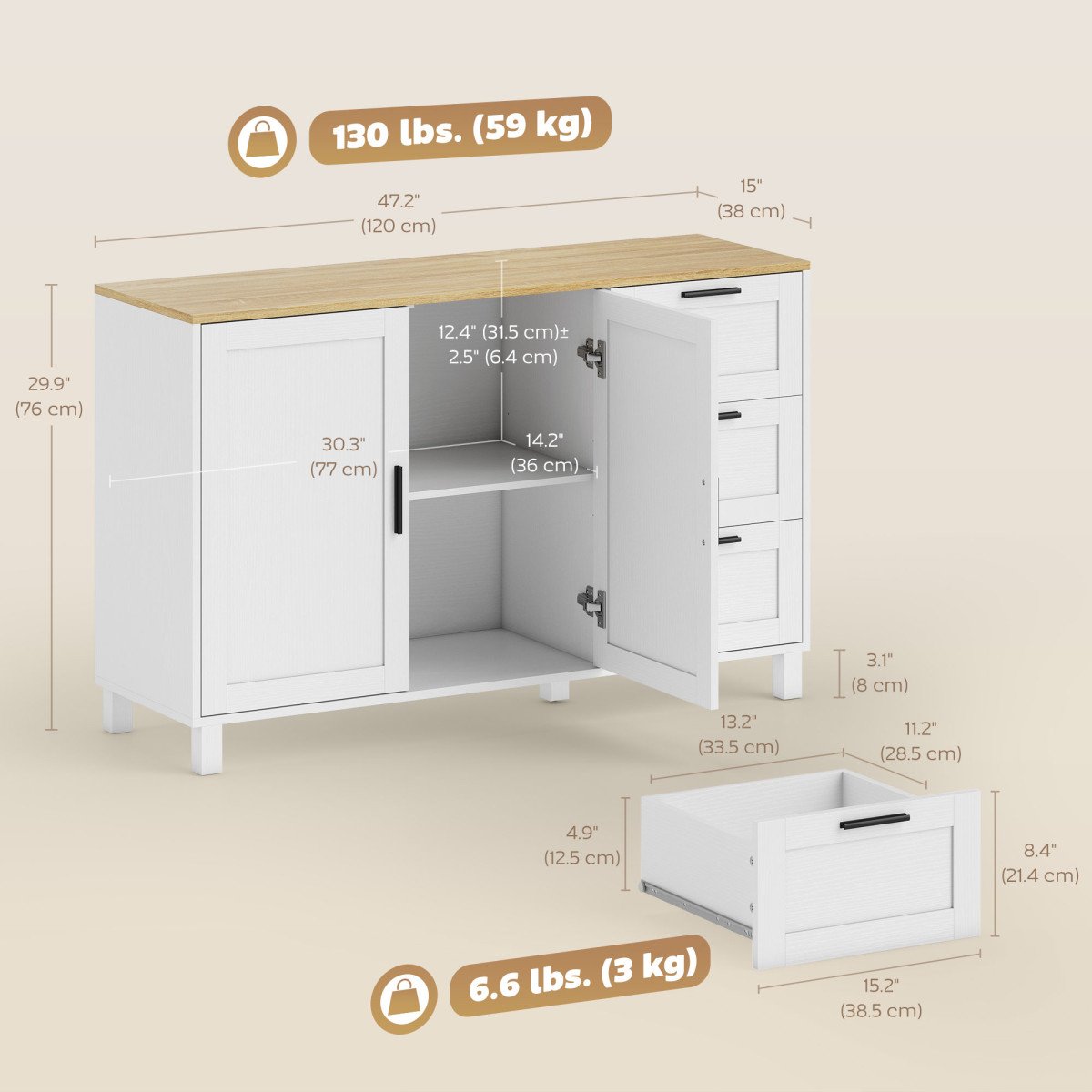 Buffet Cabinet with Soft-Close Doors, Modern Sideboard with 3 Drawers for Living Room, Kitchen, Dining Room, White