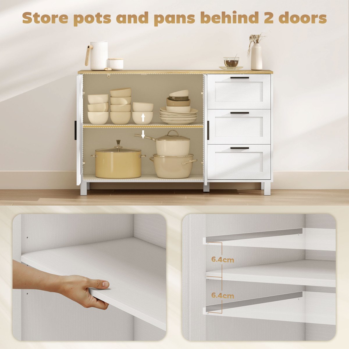 Buffet Cabinet with Soft-Close Doors, Modern Sideboard with 3 Drawers for Living Room, Kitchen, Dining Room, White