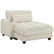 58" Chaise Lounge Indoor, Oversized Corduroy Sofa Bed with 2 Cup Holders, Pillow, Deep Seat Sleeper Couch, Cream White