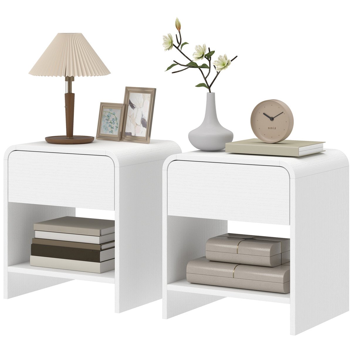 Nightstand Set of 2, Modern Bedside Table with Rounded Corners, Nightstand with Drawer and Open Shelf, Distressed White