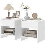 Nightstand Set of 2, Modern Bedside Table with Rounded Corners, Nightstand with Drawer and Open Shelf, Distressed White