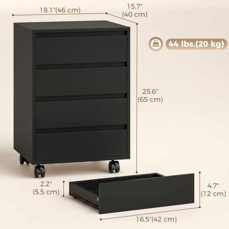 4 Drawer File Cabinet, Vertical Filing Cabinet with Wheels, Modern Printer Stand for Home Office, Black