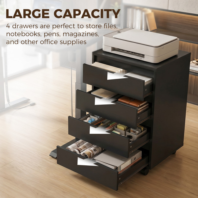 4 Drawer File Cabinet, Vertical Filing Cabinet with Wheels, Modern Printer Stand for Home Office, Black
