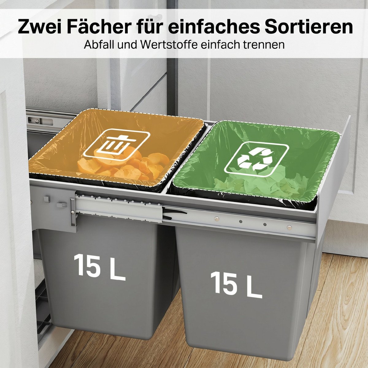 Pull Out Bin, Under Sink Garbage Can with 2 Removable Compartments (4 gallon Each) for Kitchen Waste, Light Grey