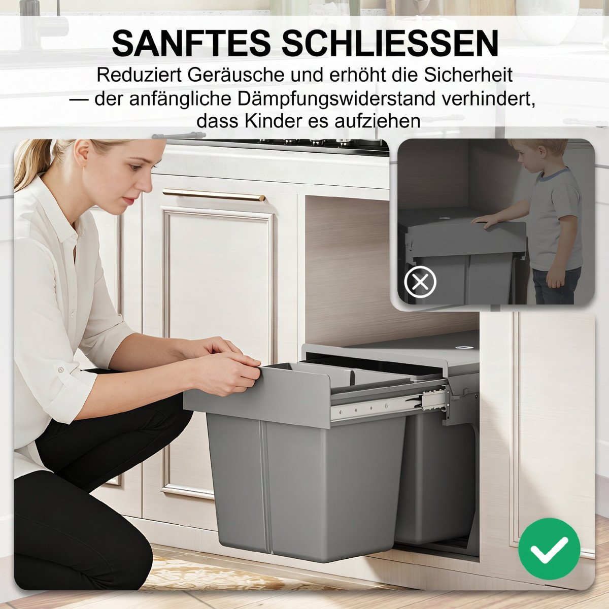 Pull Out Bin, Under Sink Garbage Can with 2 Removable Compartments (4 gallon Each) for Kitchen Waste, Light Grey