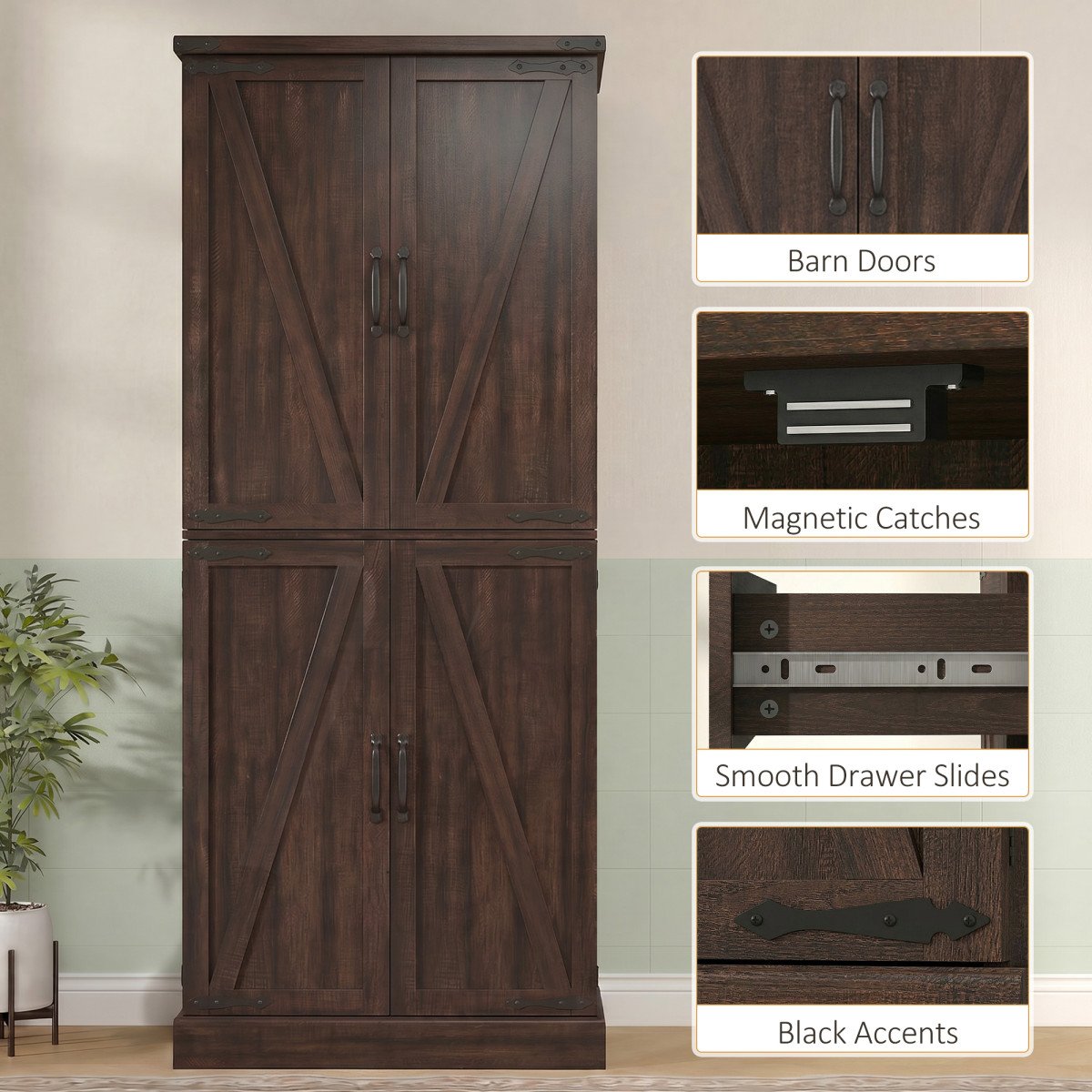 72" Tall Kitchen Pantry Cabinet, Farmhouse Storage Cabinet with 8 Door Racks and Adjustable Shelves, Distressed Brown