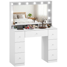 Vanity Desk with 10 Dimmable LED Lights, Mirror Dressing Table with 7 Drawers and Charging Station, White