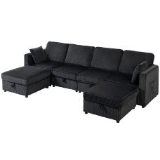 Modular Sofa, U-Shaped Corduroy Couch with Dual Storage Ottoman, Under-Seat Storage, 4 Pillows, Dark Grey