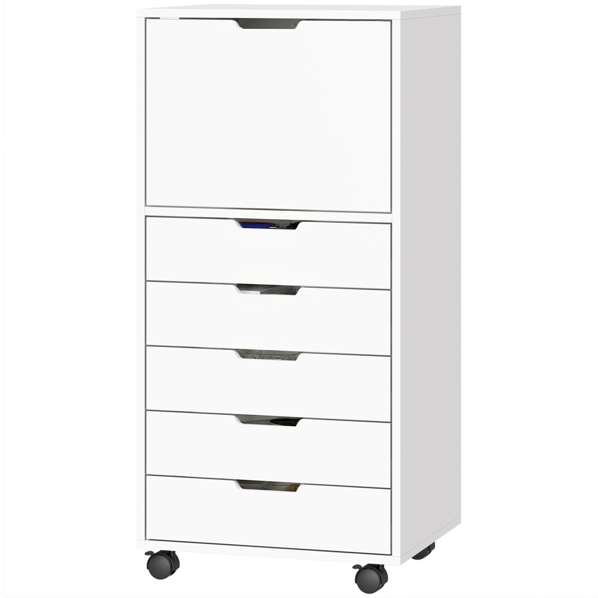 File Cabinet on Wheels Mobile Printer Stand with 5 Drawers for Home Office White