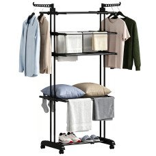 5-Tier Clothes Drying Rack, Foldable Laundry Drying Rack with Wheels, Side Wings, Black