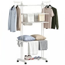 5-Tier Clothes Drying Rack, Foldable Laundry Drying Rack with Wheels, Side Wings, White
