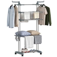 5-Tier Clothes Drying Rack, Foldable Laundry Drying Rack with Wheels, Side Wings, Grey