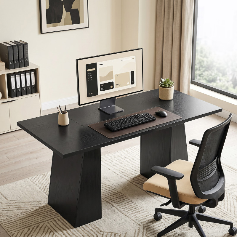 63 Inch Computer Desk with Trapezoidal Frame Light Black Wood Grain