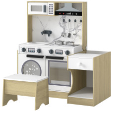 Qaba Kids Kitchen Playset, 2-in-1 Convertible Table and Chair Set with Sink, Oven, Microwave, Accessories for 3-8