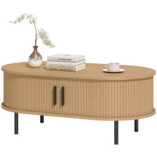 Coffee Table with Sliding Tambour Doors and Storage Center Table with Metal Legs, 39", Natural