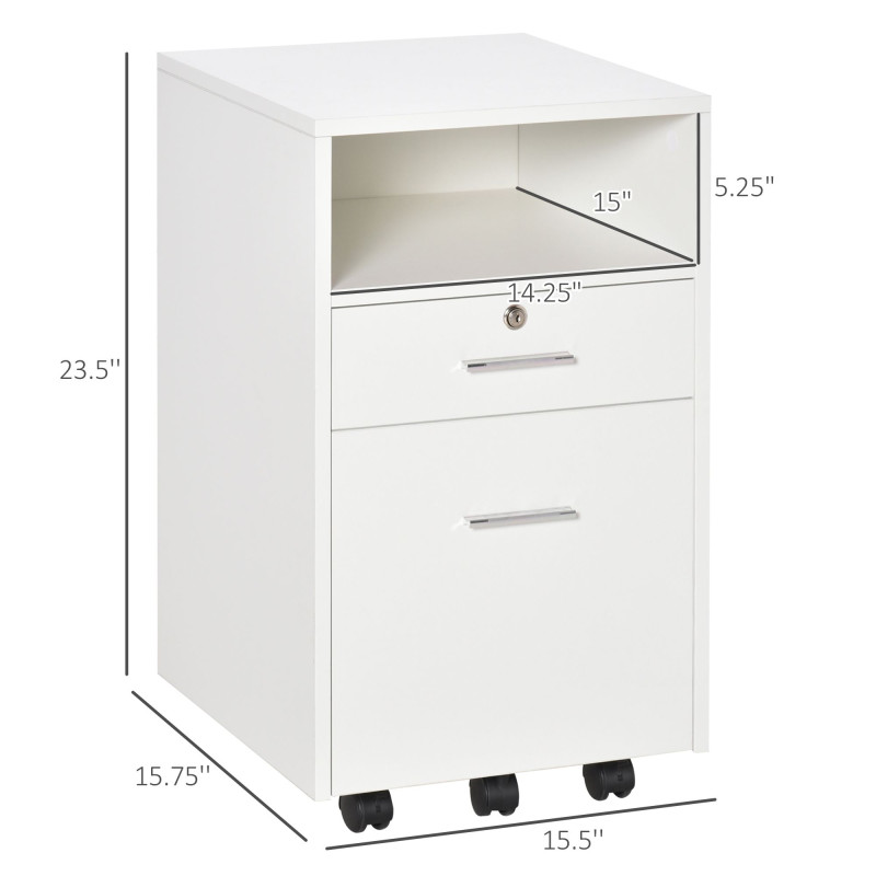 2 Drawer Filing Cabinet with Lock, Vertical File Cabinet with Wheels, Mobile Office Cabinet for A4, Letter Size, White