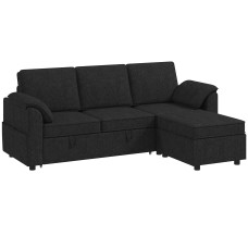 Sectional Sofa Bed Reversible Pull Out Sleeper Sofa Storage Ottoman, Black
