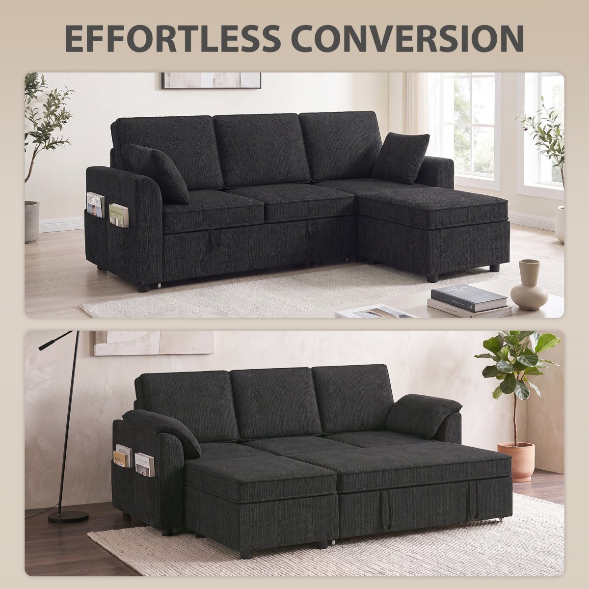 Sectional Sofa Bed Reversible Pull Out Sleeper Sofa Storage Ottoman, Black