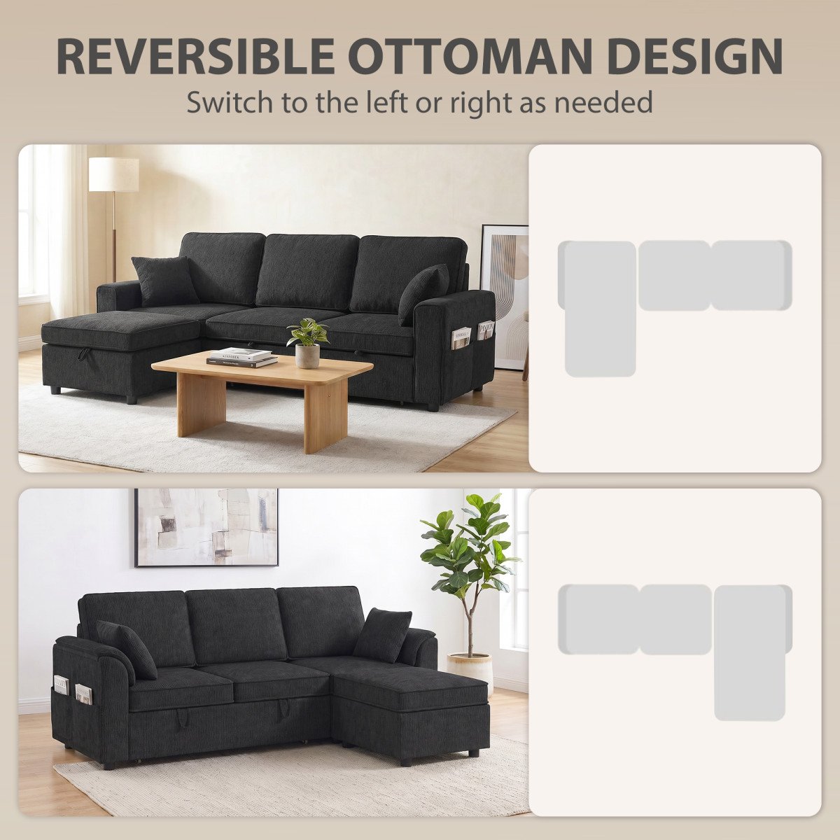 Sectional Sofa Bed Reversible Pull Out Sleeper Sofa Storage Ottoman, Black