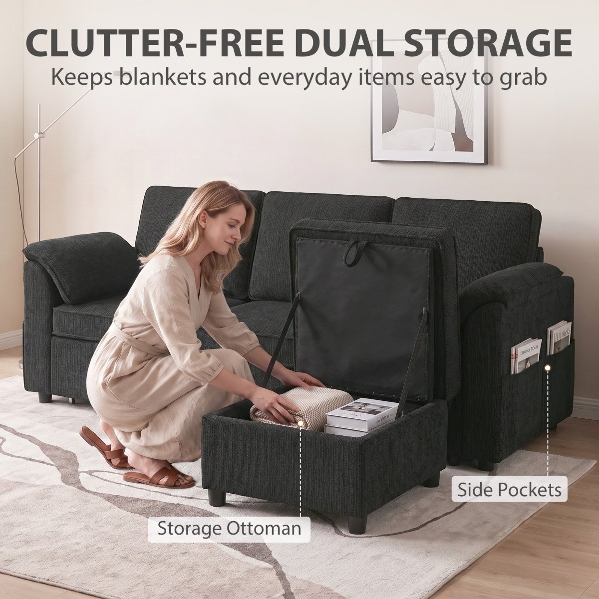 Sectional Sofa Bed Reversible Pull Out Sleeper Sofa Storage Ottoman, Black