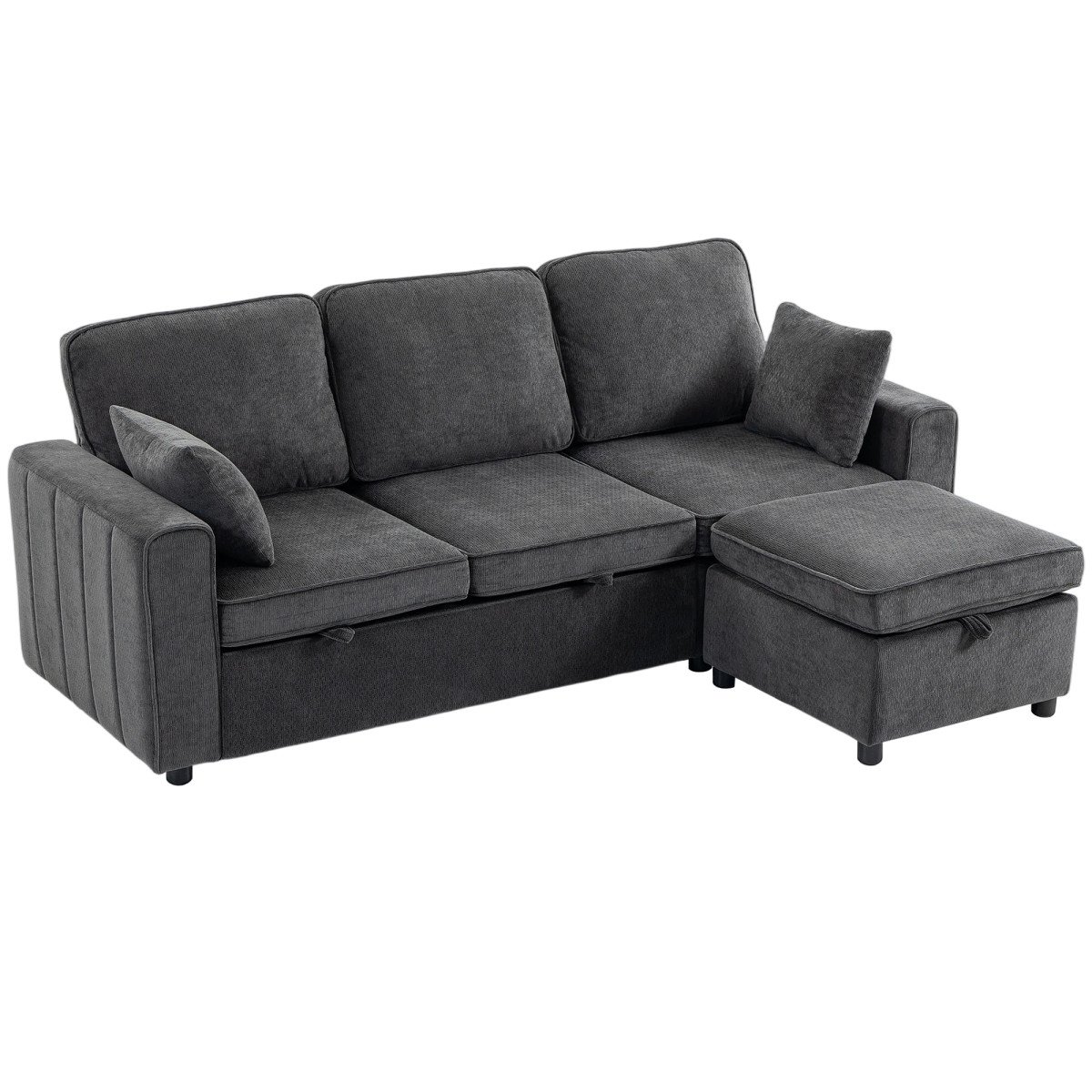Modular Sectional Sofa Bed with Reversible Storage Ottoman, Pull Out Sleeper Sofa with Spring Cushion, Dark Grey