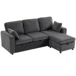 Modular Sectional Sofa Bed with Reversible Storage Ottoman, Pull Out Sleeper Sofa with Spring Cushion, Dark Grey