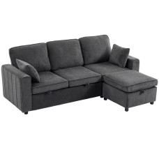 Modular Sectional Sofa Bed with Reversible Storage Ottoman, Pull Out Sleeper Sofa with Spring Cushion, Dark Grey