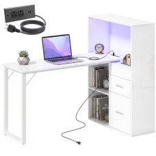 54" Computer Desk with Drawers, Home Office Desk with Storage, Power Outlets and LED Lights, White