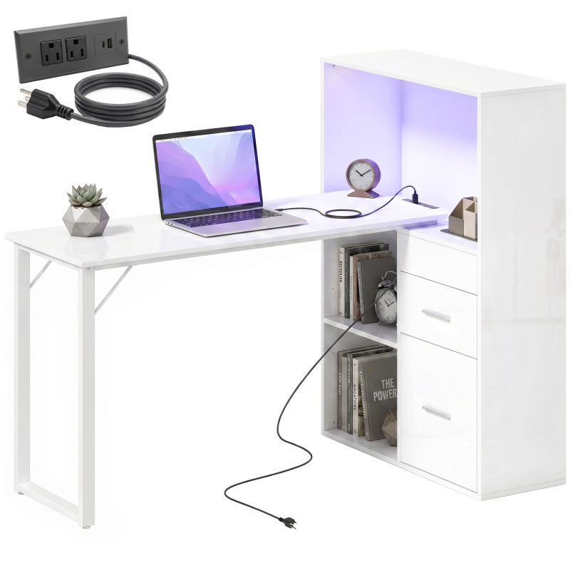 54" Computer Desk with Drawers, Home Office Desk with Storage, Power Outlets and LED Lights, White