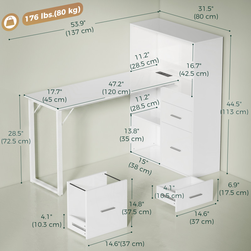 54" Computer Desk with Drawers, Home Office Desk with Storage, Power Outlets and LED Lights, White