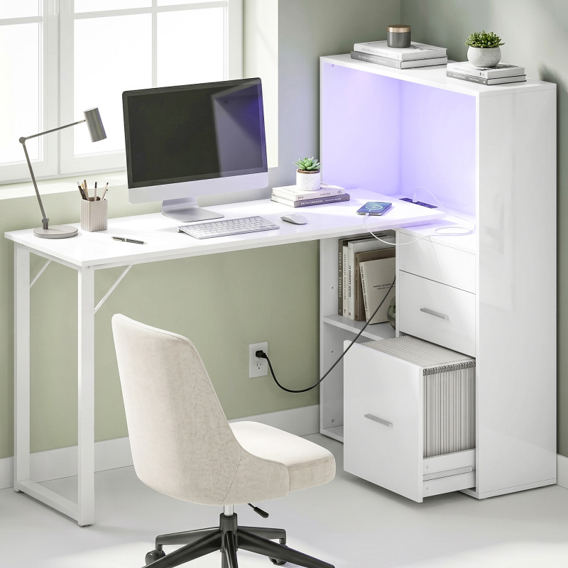 54" Computer Desk with Drawers, Home Office Desk with Storage, Power Outlets and LED Lights, White
