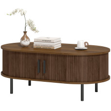 Coffee Table with Sliding Tambour Doors and Storage Center Table with Metal Legs, 39", Brown