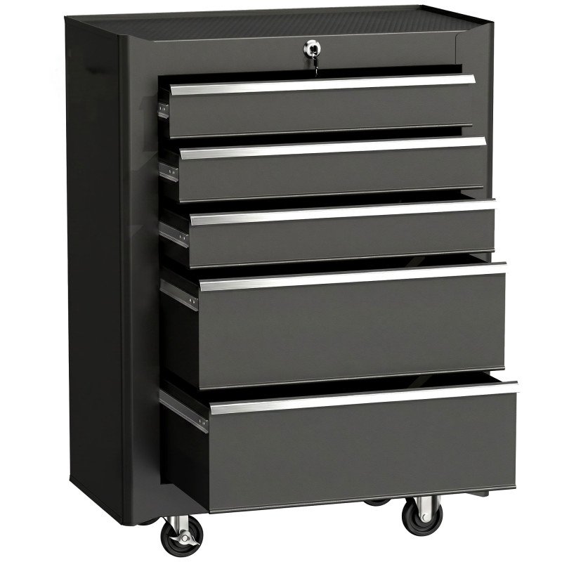 5-Drawer Rolling Tool Cabinet on Wheels, Lockable Tool Chest, Tool Organizer for Garage, Factory and Workshop, Black