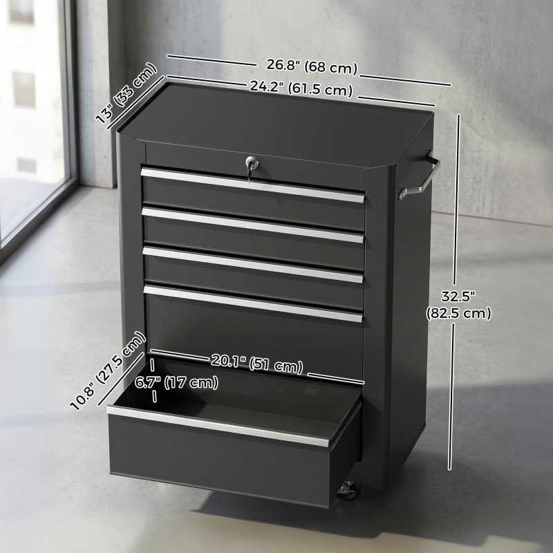 5-Drawer Rolling Tool Cabinet on Wheels, Lockable Tool Chest, Tool Organizer for Garage, Factory and Workshop, Black
