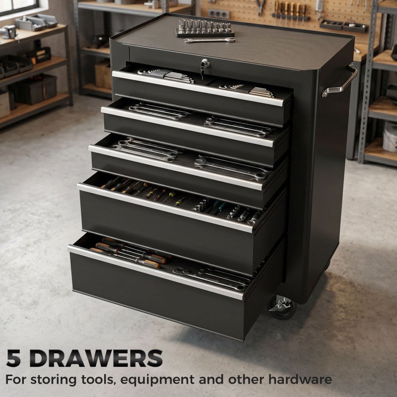 5-Drawer Rolling Tool Cabinet on Wheels, Lockable Tool Chest, Tool Organizer for Garage, Factory and Workshop, Black