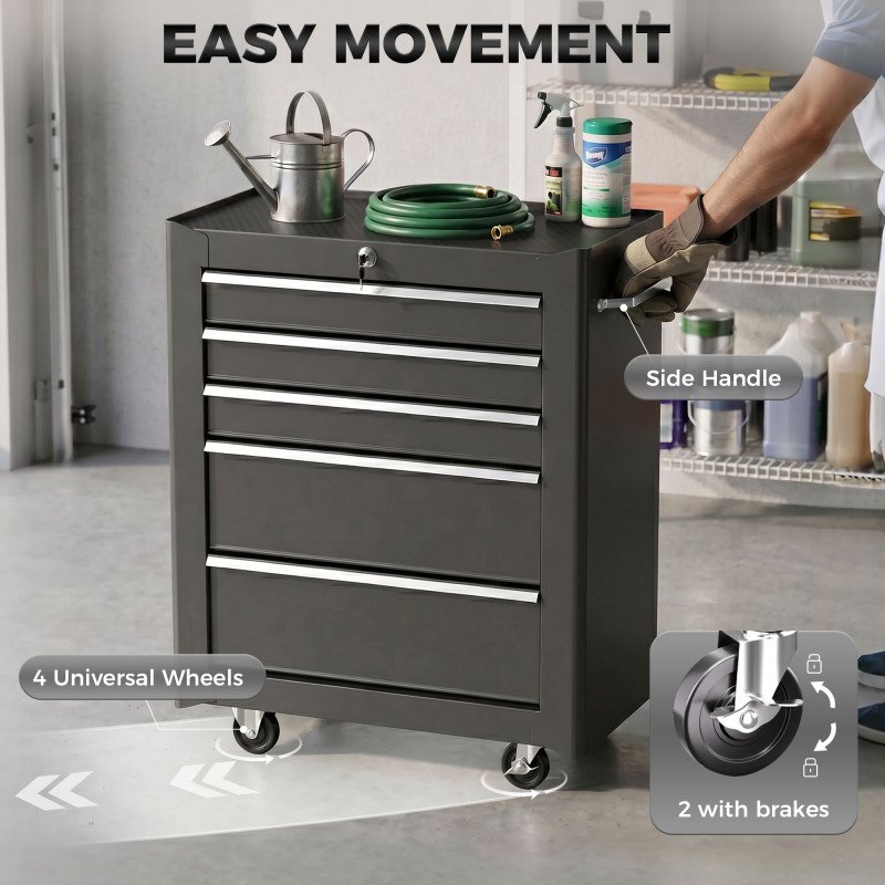 5-Drawer Rolling Tool Cabinet on Wheels, Lockable Tool Chest, Tool Organizer for Garage, Factory and Workshop, Black