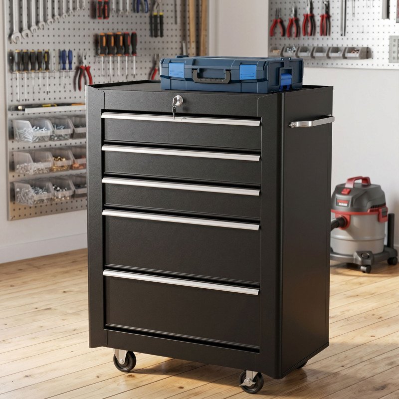 5-Drawer Rolling Tool Cabinet on Wheels, Lockable Tool Chest, Tool Organizer for Garage, Factory and Workshop, Black