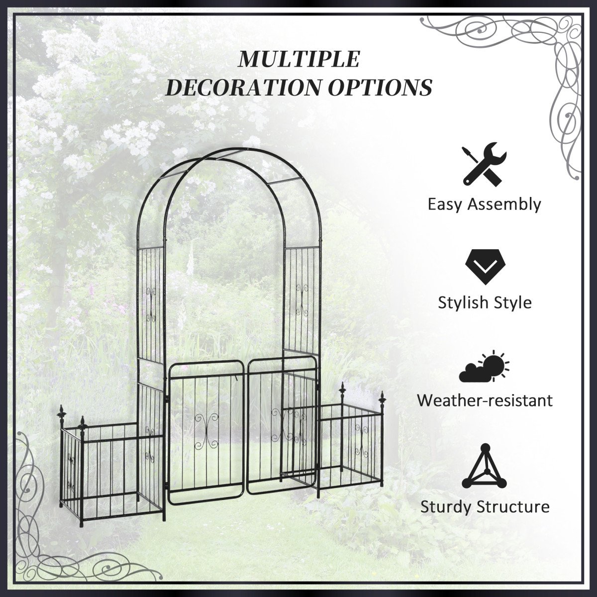 7.2FT Metal Garden Arch with Gate, 2 Side Planter Baskets, Garden Arbor Archway Trellis for Roses and Climbing Plants, Black