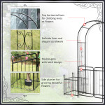 7.2FT Metal Garden Arch with Gate, 2 Side Planter Baskets, Garden Arbor Archway Trellis for Roses and Climbing Plants, Black