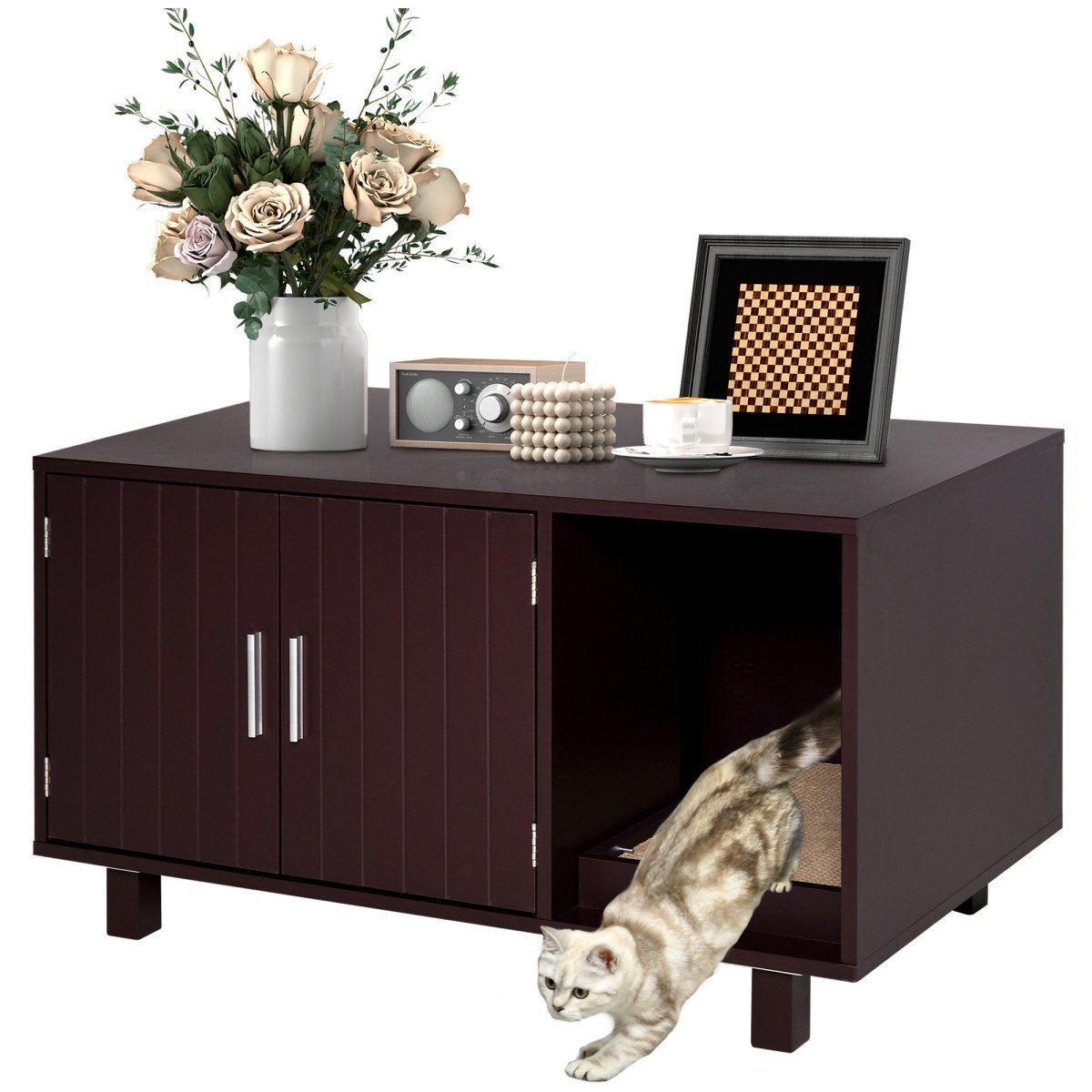 Cat Litter Box Enclosure, Hidden Litter Box Furniture, Cat House End Table Washroom with Scratching Pad, for Indoor Cats Kittens, 36" x 20.5" x 20", Brown