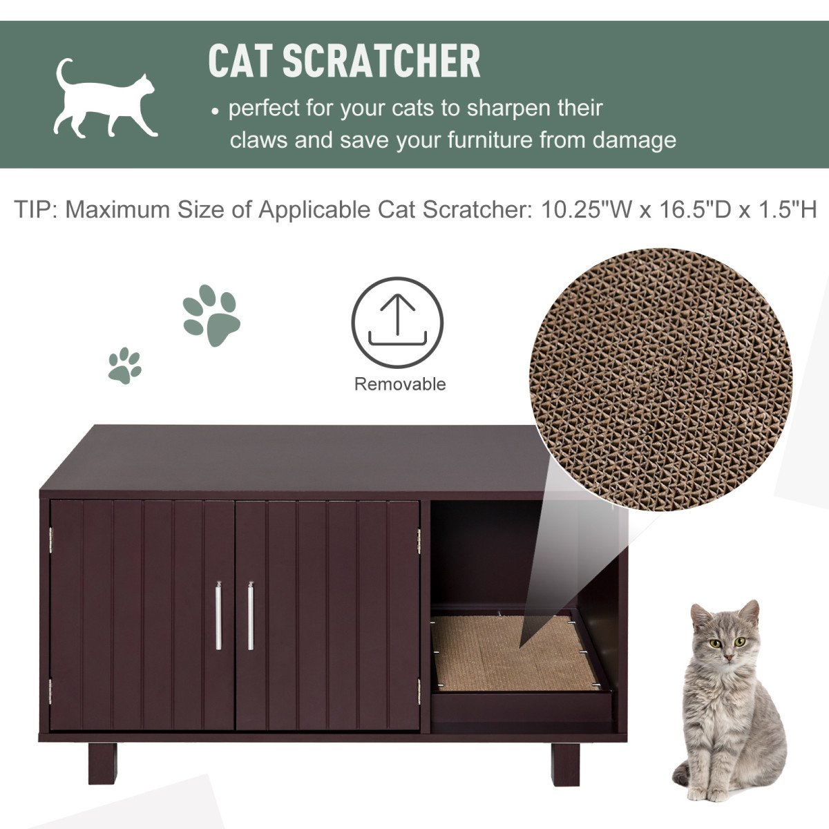 Cat Litter Box Enclosure, Hidden Litter Box Furniture, Cat House End Table Washroom with Scratching Pad, for Indoor Cats Kittens, 36" x 20.5" x 20", Brown