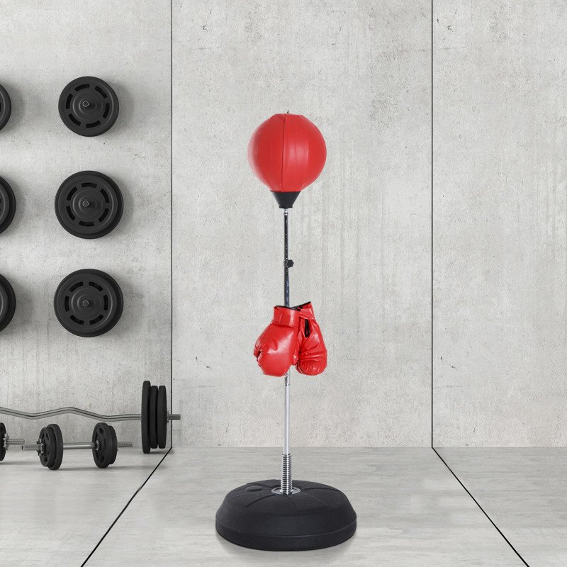 Soozier Boxing Bag with Stand, Freestanding Punching Bag with 49.6"-56.7" Adjustable Height, Fillable Base, Pump, Gloves, Red