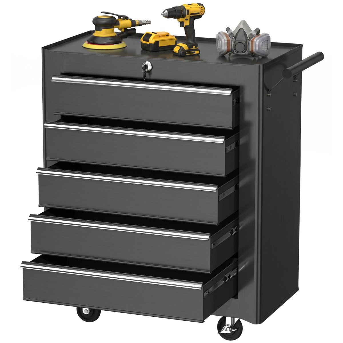 Rolling Tool Chest, 5-Drawer Lockable Tool Cabinet with 4 Wheels, Handle, Toolbox Storage Organizer for Garage, Workshop, Repair Shop, Black