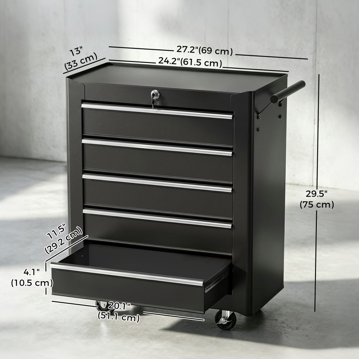 Rolling Tool Chest, 5-Drawer Lockable Tool Cabinet with 4 Wheels, Handle, Toolbox Storage Organizer for Garage, Workshop, Repair Shop, Black