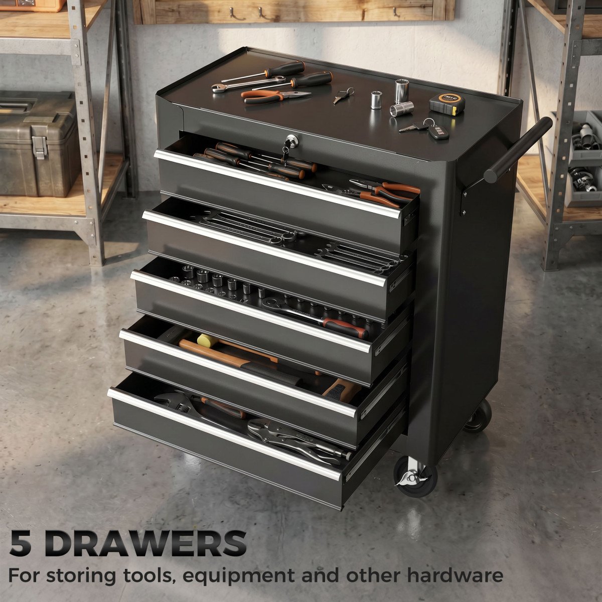 Rolling Tool Chest, 5-Drawer Lockable Tool Cabinet with 4 Wheels, Handle, Toolbox Storage Organizer for Garage, Workshop, Repair Shop, Black