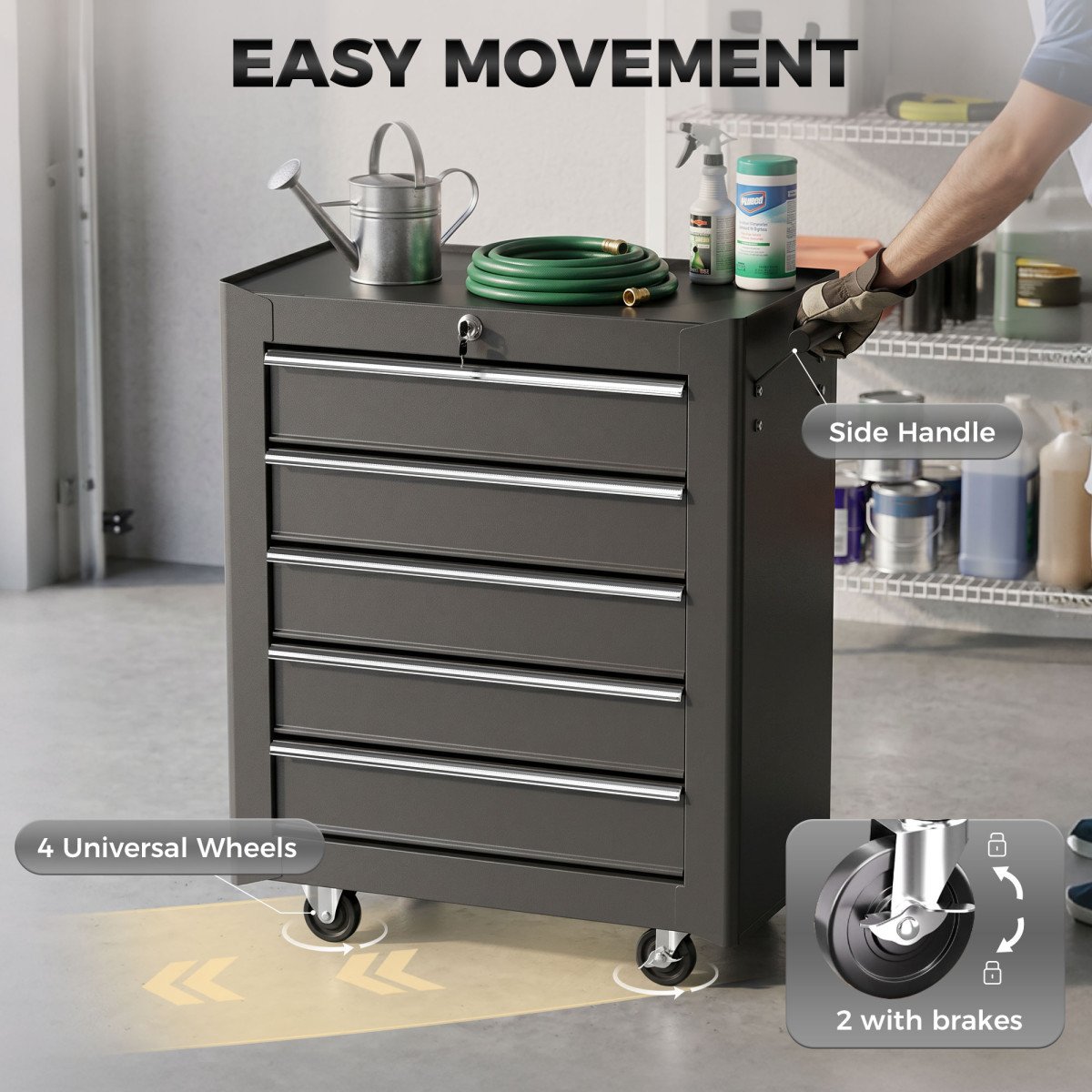 Rolling Tool Chest, 5-Drawer Lockable Tool Cabinet with 4 Wheels, Handle, Toolbox Storage Organizer for Garage, Workshop, Repair Shop, Black